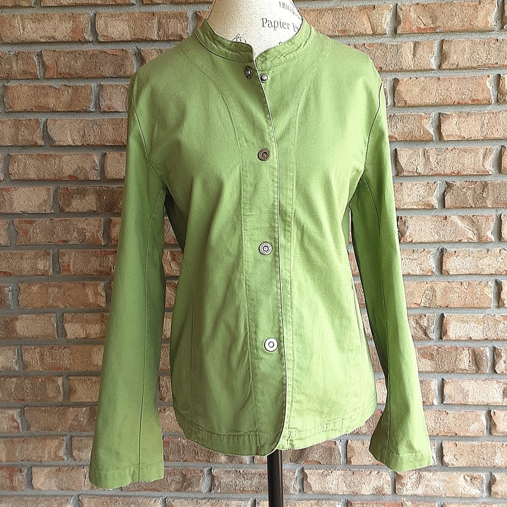 Eileen Fisher green utility jacket with mandarin collar
